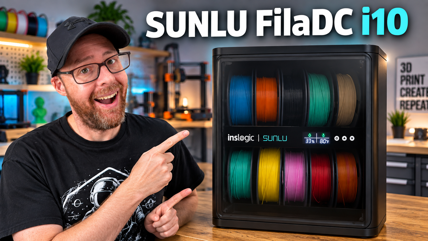 SUNLU FilaDC i10 filament dehumidifying cabinet holding 3D printer filament spools